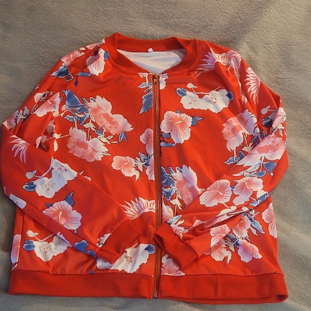 Floral Red Zip-Up Jacket